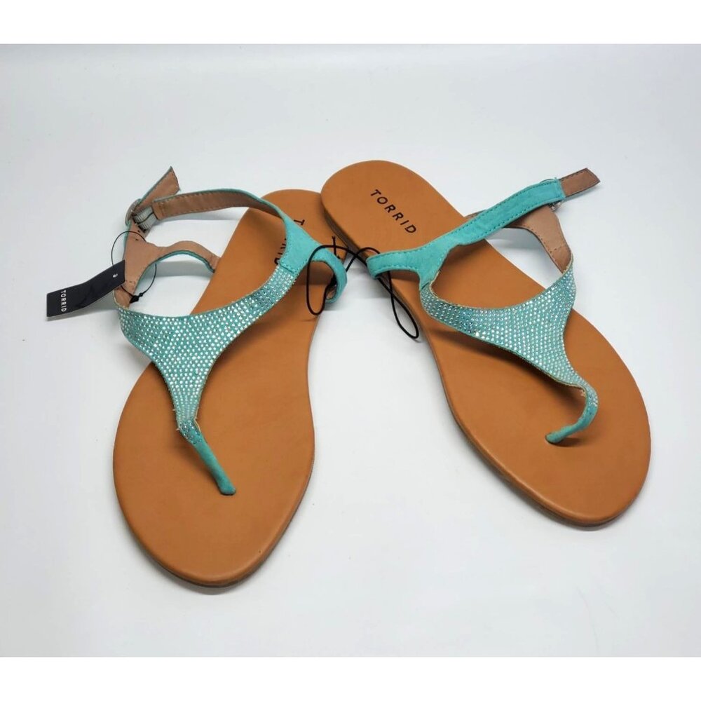 NWT Torrid Women's Teal Rhinestone T-Straps Adjustable Ankle Strap Sz 10W 1364